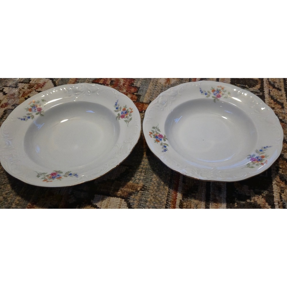 Wawel Poland Fine‎ China Floral Soup Bowls Gold Trim Embossed Set of 2 Vintage